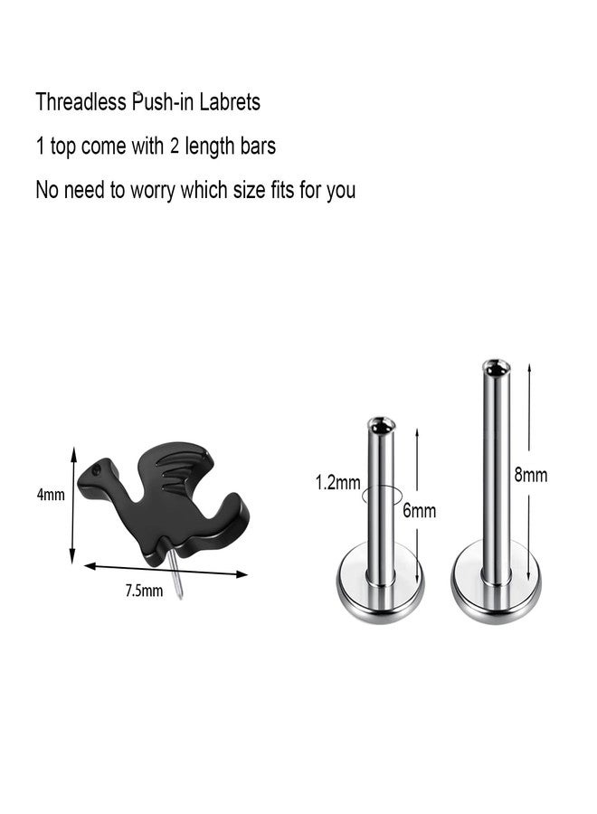 TOMIDES 1pcs G23 Titanium Flat Back Earrings Studs 16g F136 Implant Grade Titanium Labrets Press Fit Threadless Push In Dainty Cartilage Helix Conch Lobe Lip Tragus Piercing Jewelry (1pcs Black Dinosaur) - Image 2